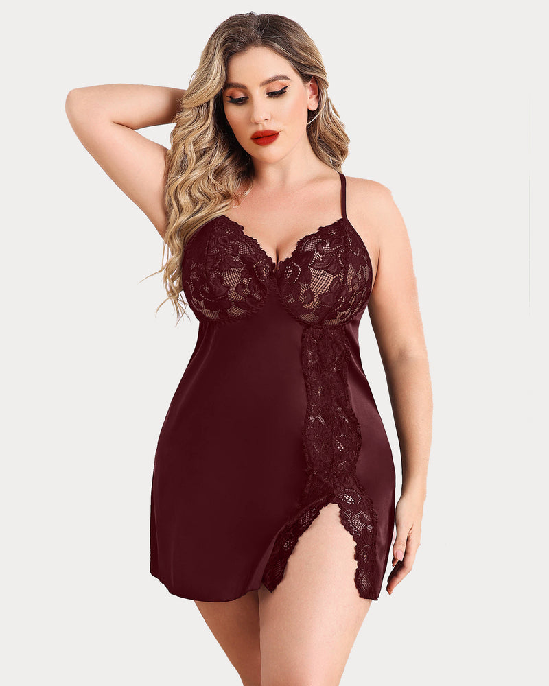 Plus Size Satin Spitze Seite Schlitz Chemise