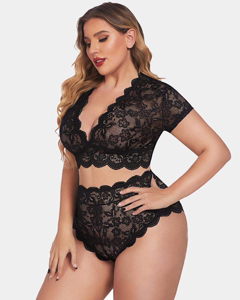 Plus Size Set mit floralem Spitzenbesatz