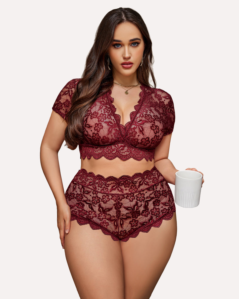 Plus Size Set mit floralem Spitzenbesatz