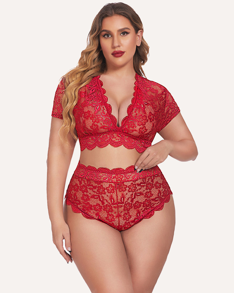 Plus Size Set mit floralem Spitzenbesatz