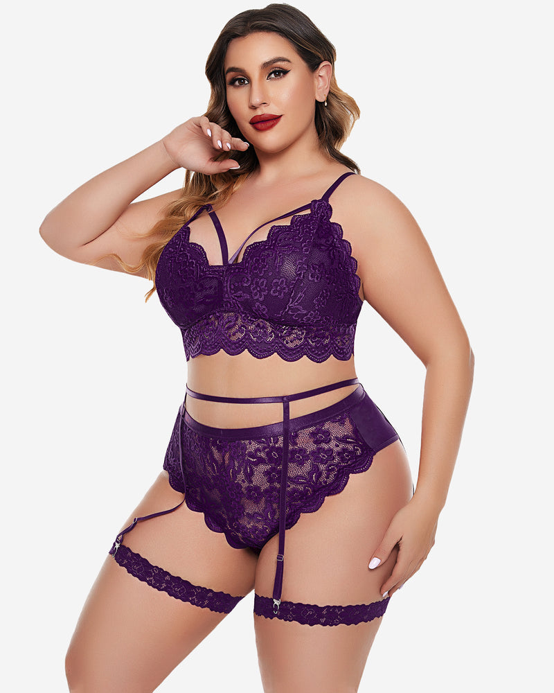 Plus Größe Spitze Trim BH Höschen Set