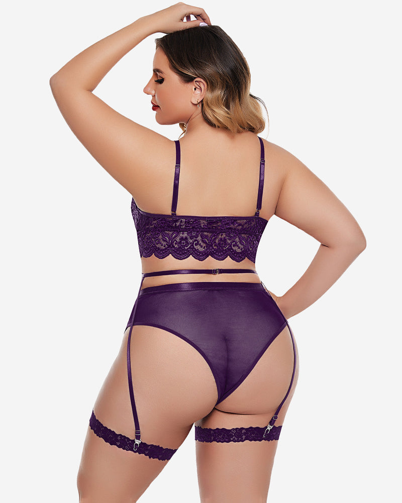 Plus Größe Spitze Trim BH Höschen Set