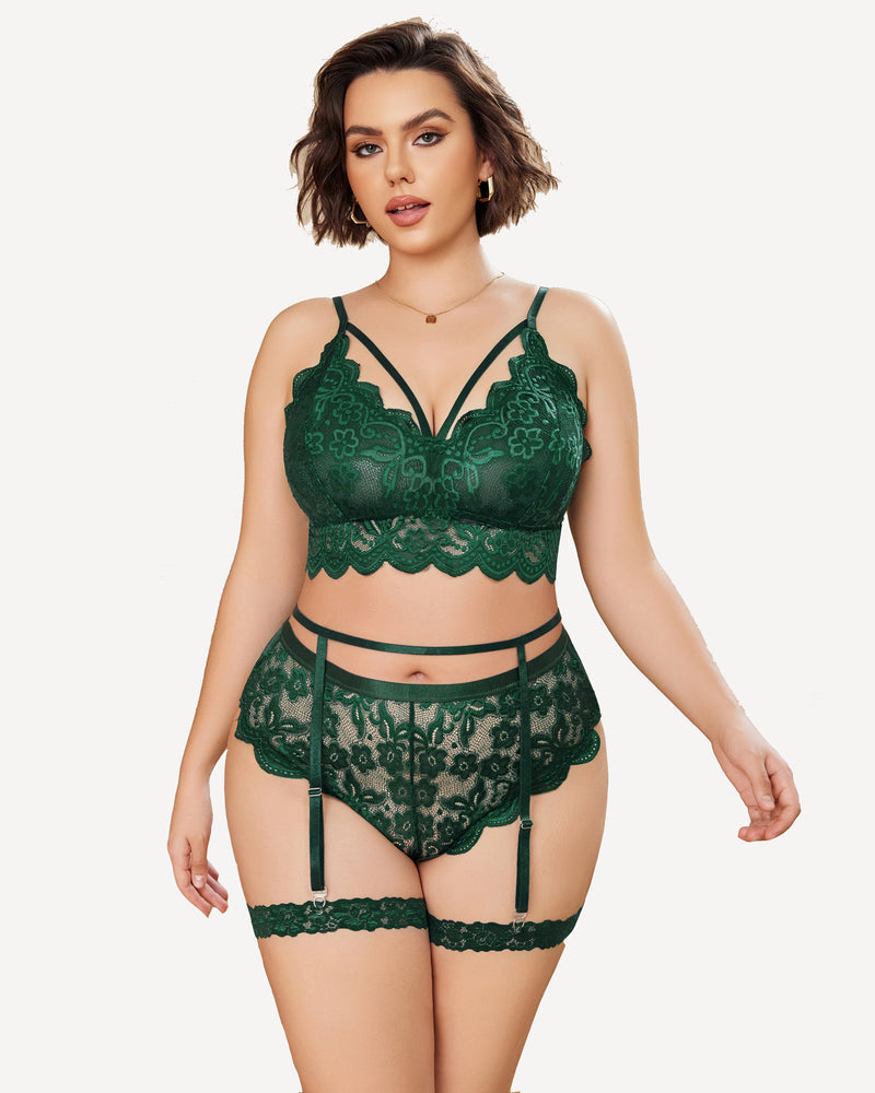 Plus Größe Spitze Trim BH Höschen Set