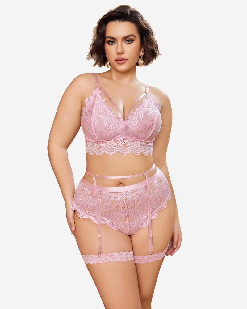 Plus Größe Spitze Trim BH Höschen Set