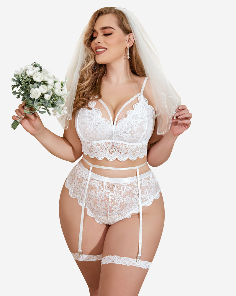 Plus Größe Spitze Trim BH Höschen Set