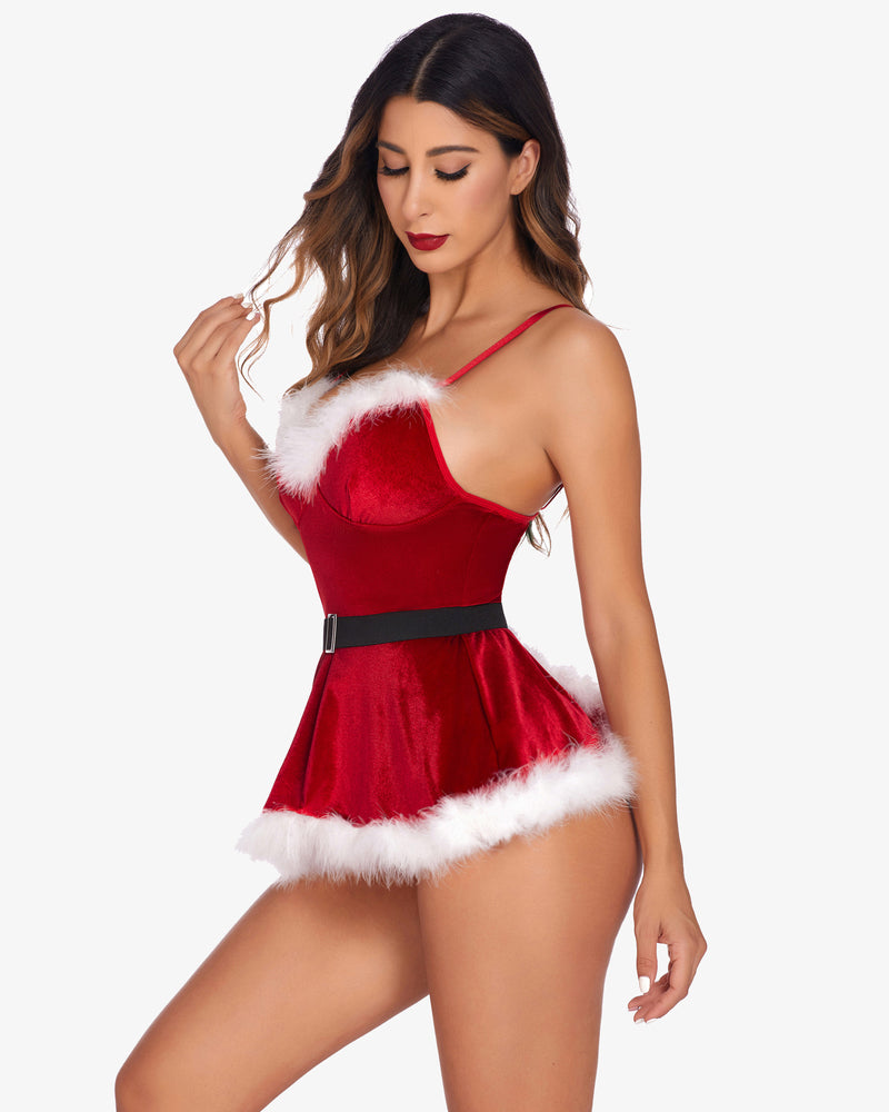 Weihnachtsmann Kostüm V-Ausschnitt Samt Dessous