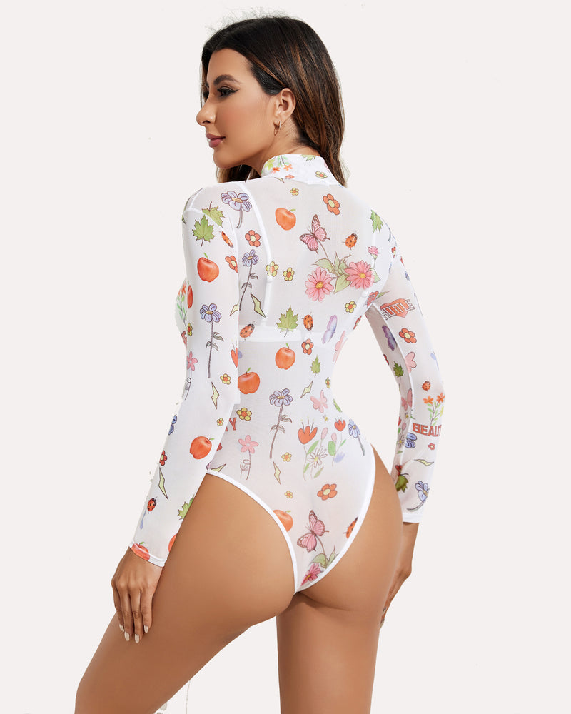 Rollkragen Mesh Bodysuit mit Geodruck Trikots