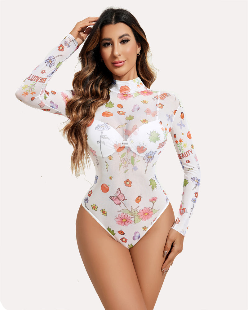 Rollkragen Mesh Bodysuit mit Geodruck Trikots