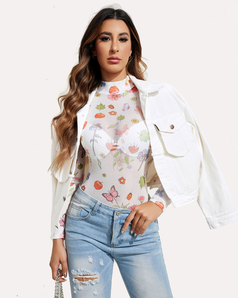 Rollkragen Mesh Bodysuit mit Geodruck Trikots