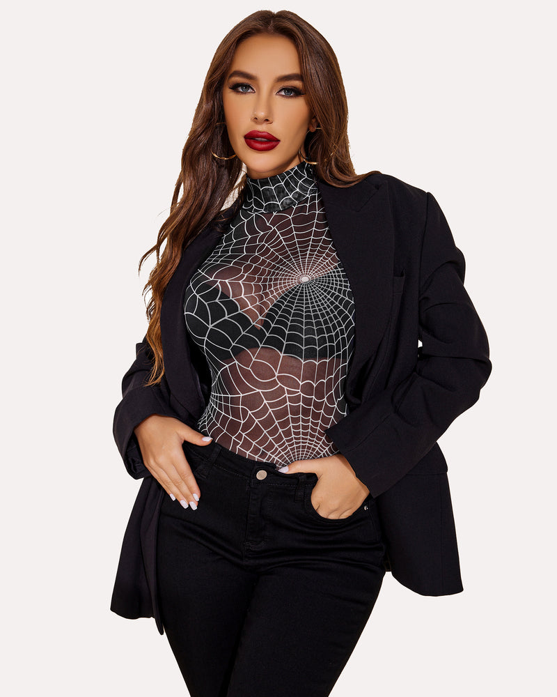 Rollkragen Mesh Bodysuit mit Geodruck Trikots