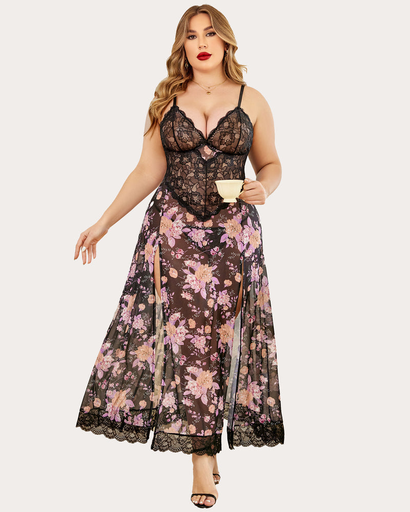 Plus Size Floral Seite Schlitze Nachthemd