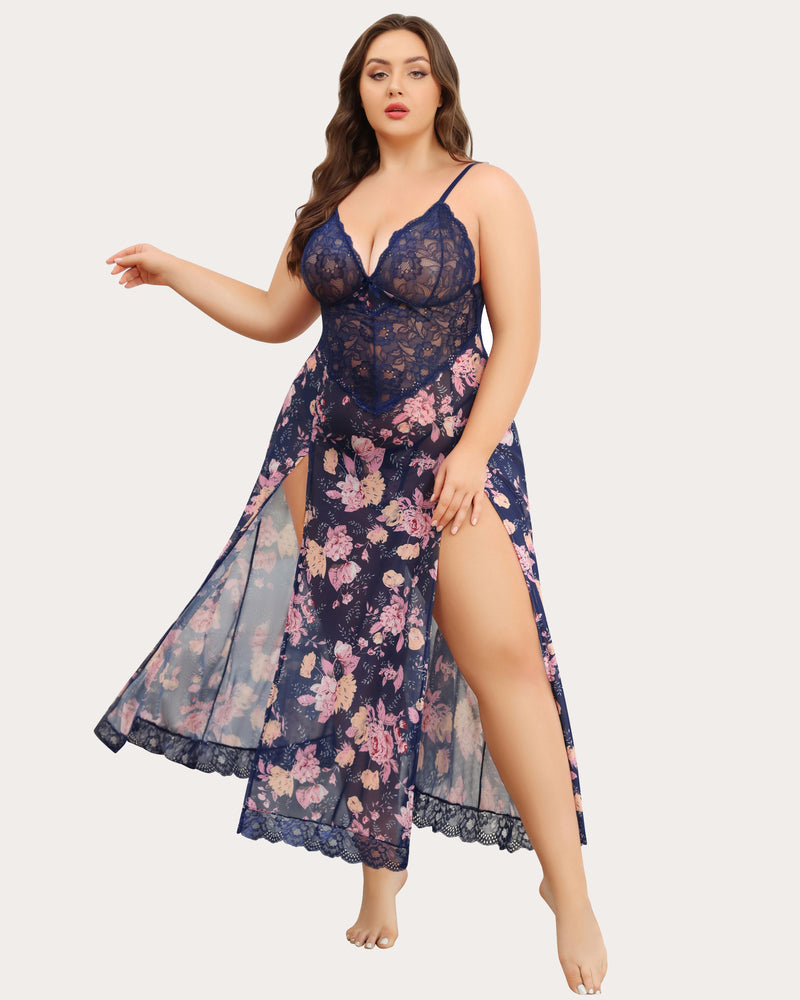 Plus Size Floral Seite Schlitze Nachthemd