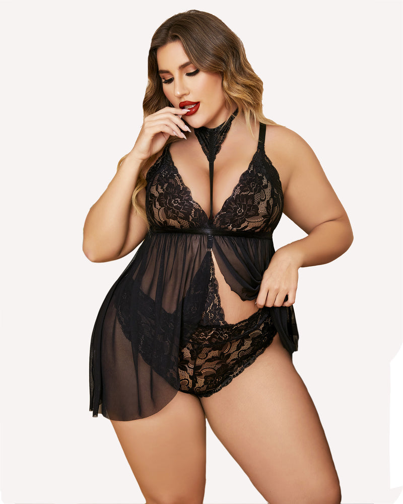 Plus Size Spitze Babydoll Mesh Choker Nachtwäsche
