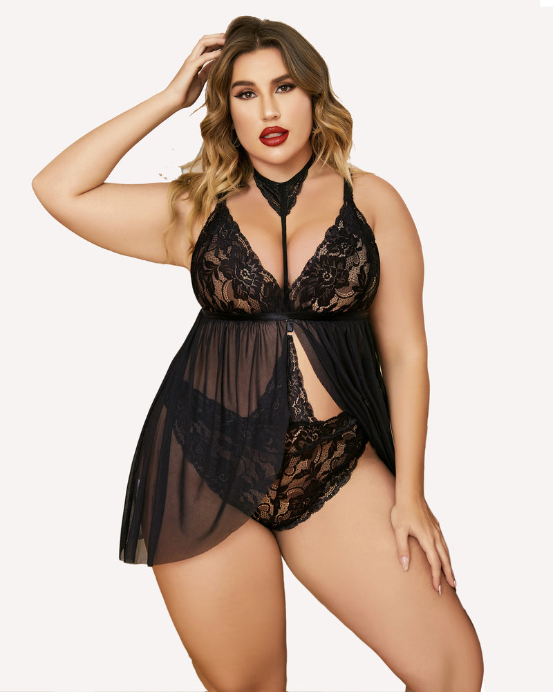 Plus Size Spitze Babydoll Mesh Choker Nachtwäsche