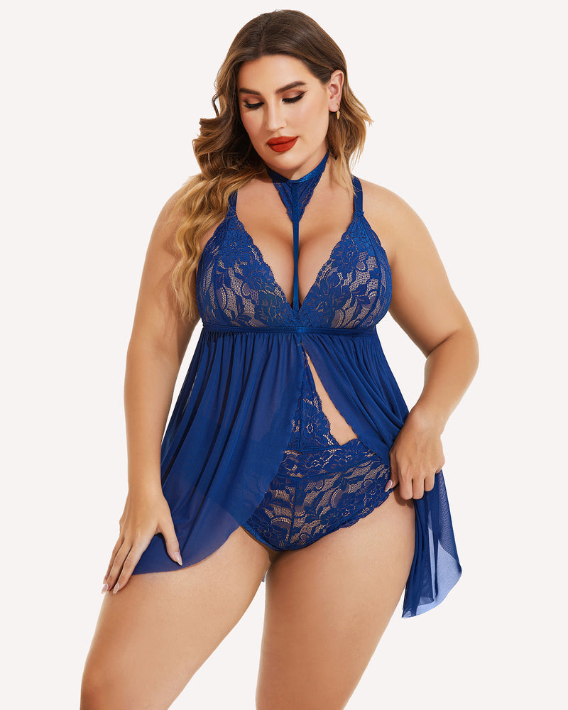 Plus Size Spitze Babydoll Mesh Choker Nachtwäsche