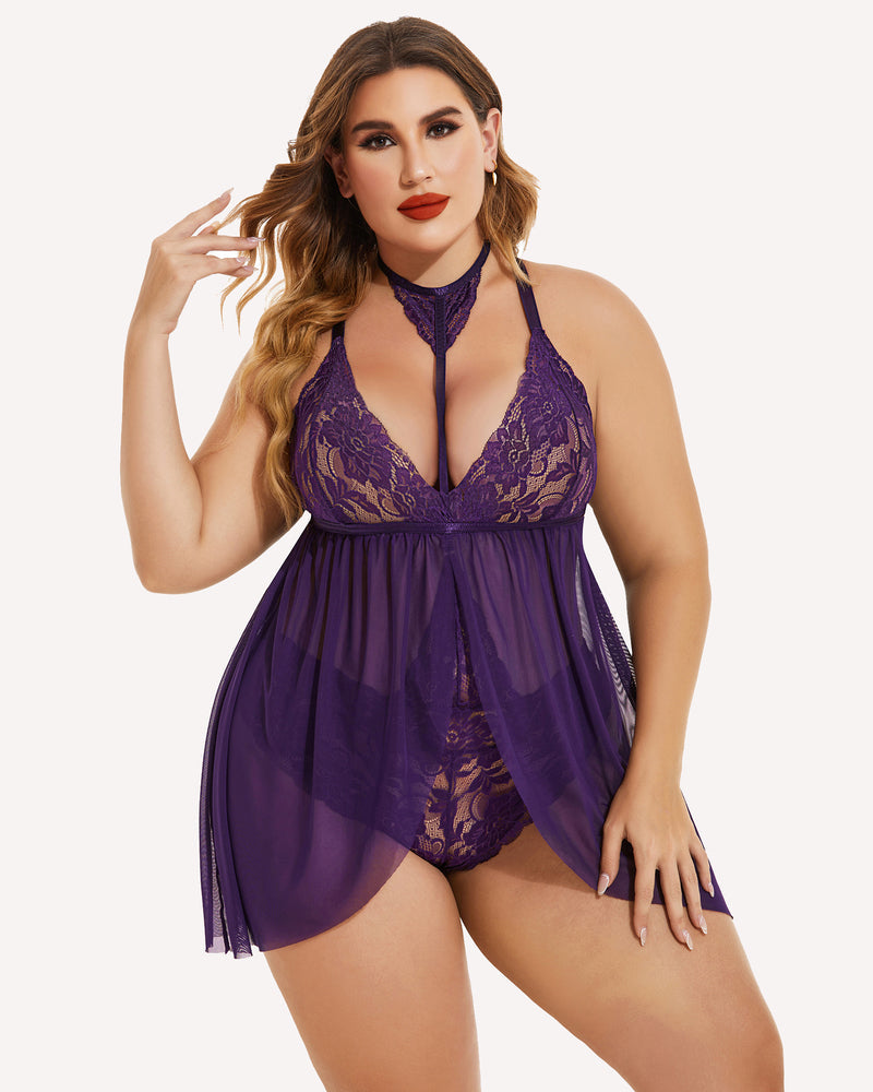 Plus Size Spitze Babydoll Mesh Choker Nachtwäsche