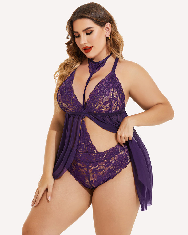 Plus Size Spitze Babydoll Mesh Choker Nachtwäsche