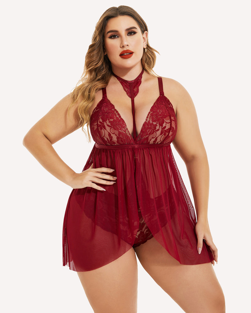Plus Size Spitze Babydoll Mesh Choker Nachtwäsche