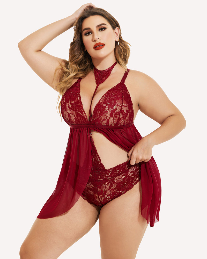 Plus Size Spitze Babydoll Mesh Choker Nachtwäsche