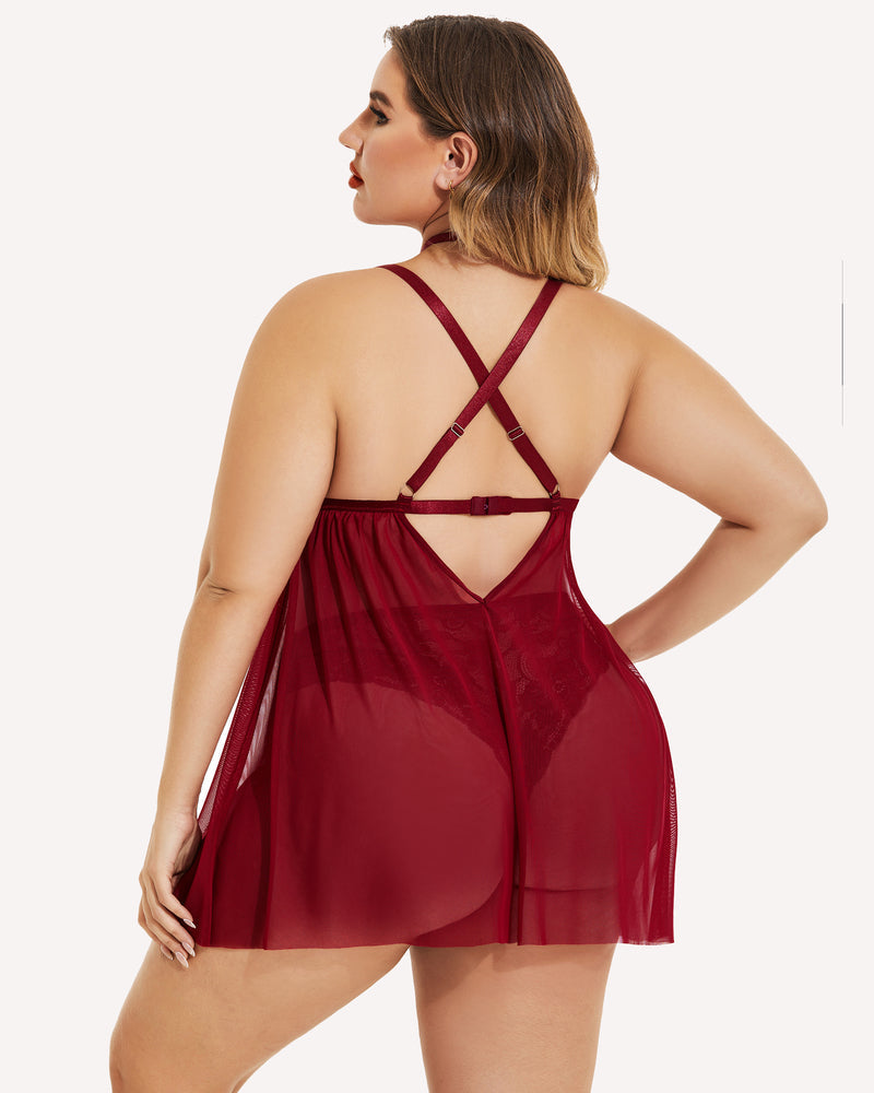 Plus Size Spitze Babydoll Mesh Choker Nachtwäsche