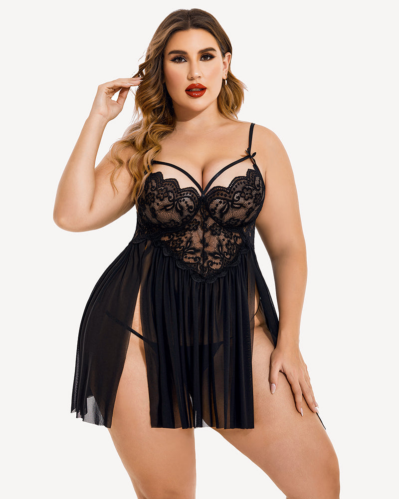 Plus Größe V-Ausschnitt Mesh Seite Schlitz Babydolls