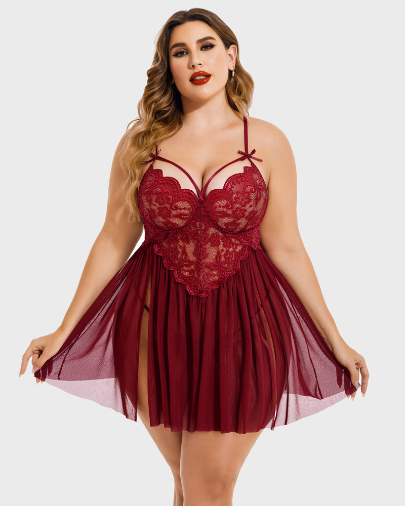 Plus Größe V-Ausschnitt Mesh Seite Schlitz Babydolls