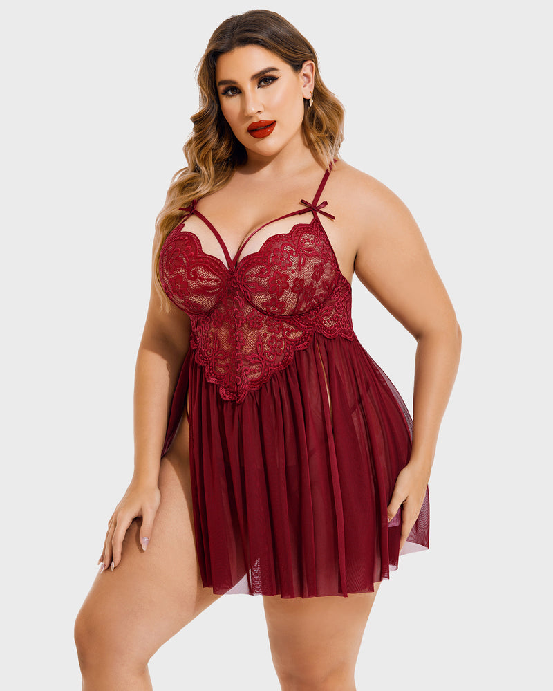 Plus Größe V-Ausschnitt Mesh Seite Schlitz Babydolls