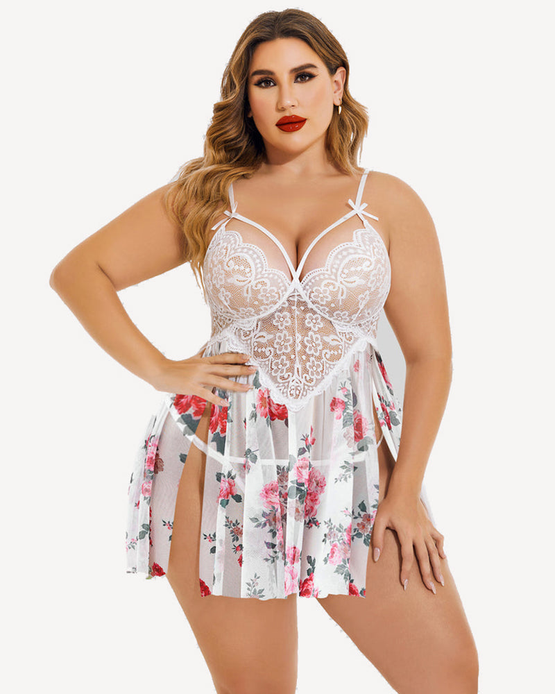 Plus Size Babydoll mit Blumendruck aus Spitze
