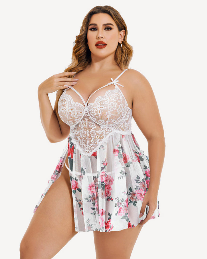 Plus Size Babydoll mit Blumendruck aus Spitze