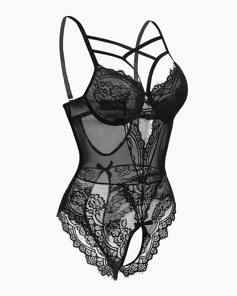 Einteiliger Criss-Cross-Bodysuit aus Spitze