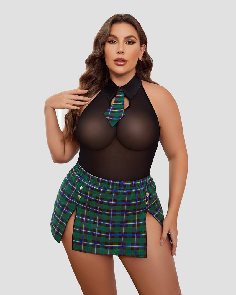 Plus Size Bodysuit Karierter Rock mit Krawattenhalter