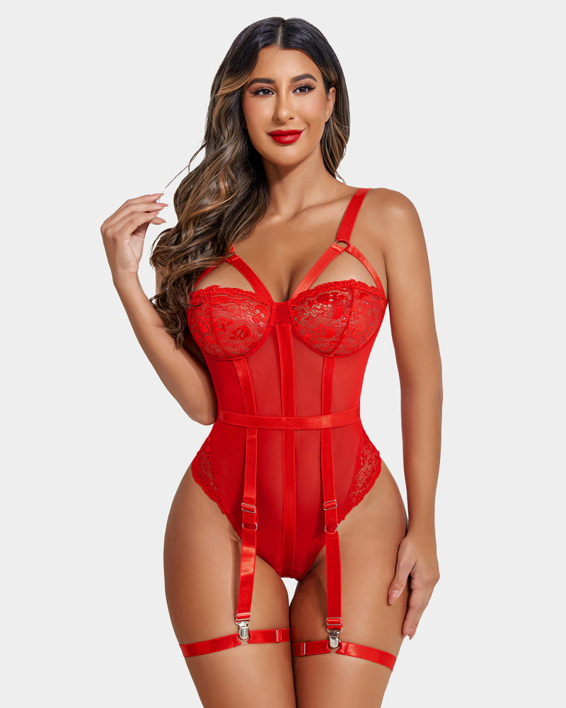 Exotischer Spitzen-Bodysuit mit Strapsgürtel