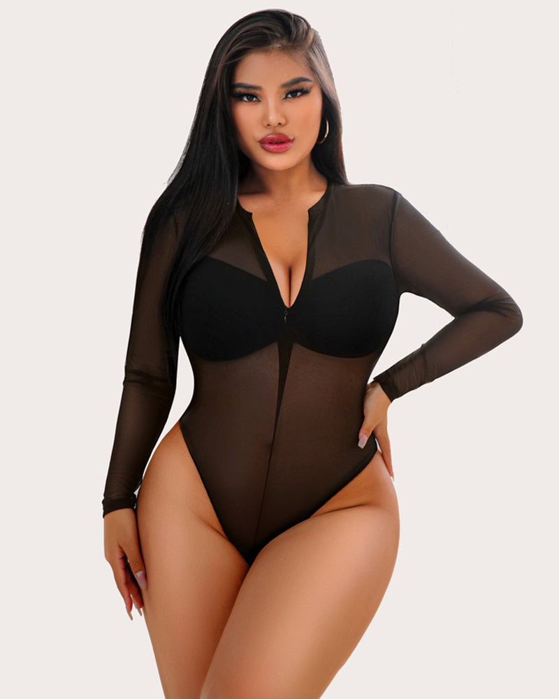 Leoparden-Bodysuit mit durchsichtigem Reißverschluss