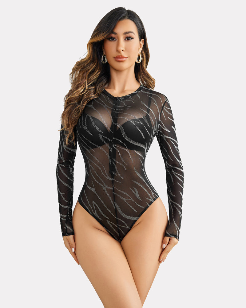 Leoparden-Bodysuit mit durchsichtigem Reißverschluss
