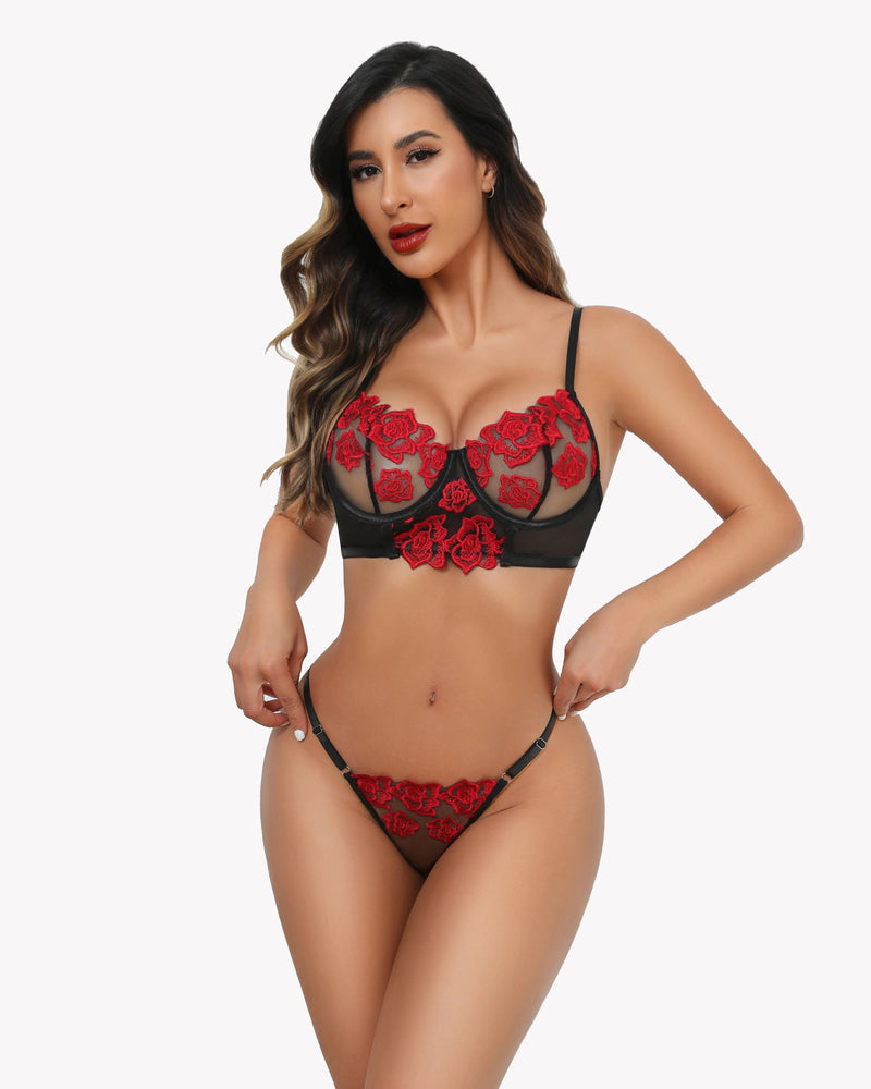 Bestickter Spitzen-BH und Panty-Set
