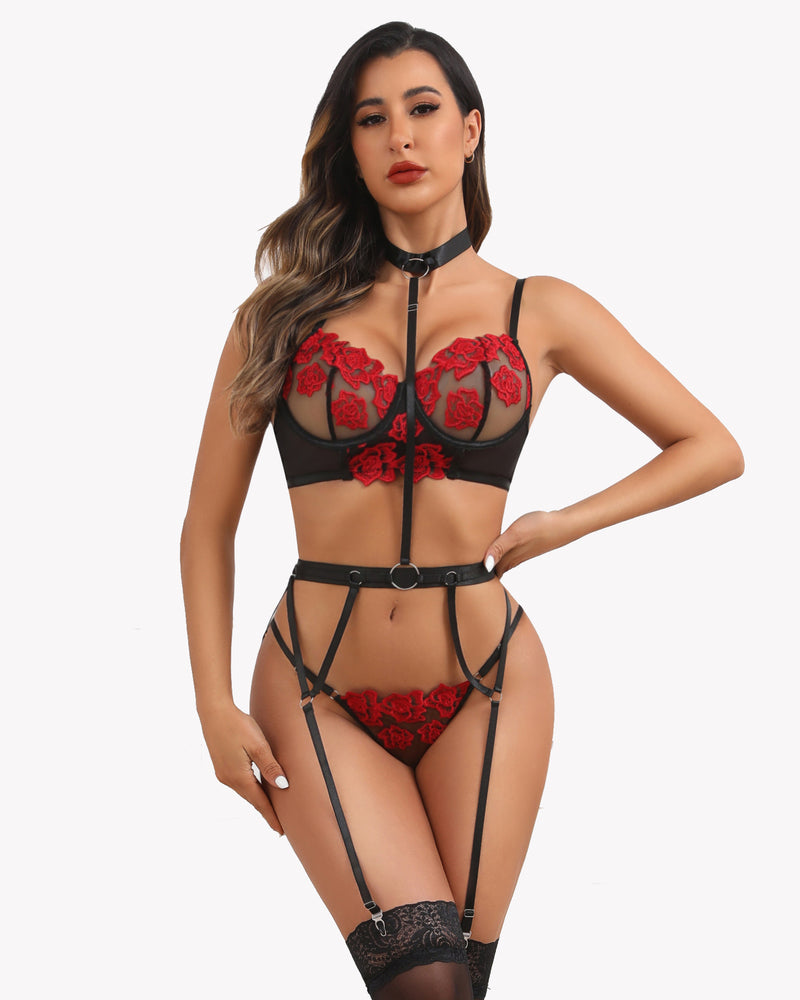Bestickter Spitzen-BH und Panty-Set