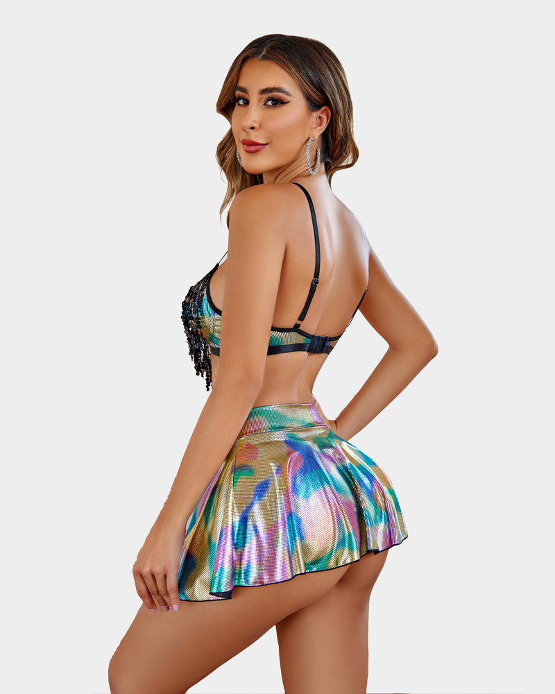 Rave Outfits Pailletten Fransen Kostüm Set
