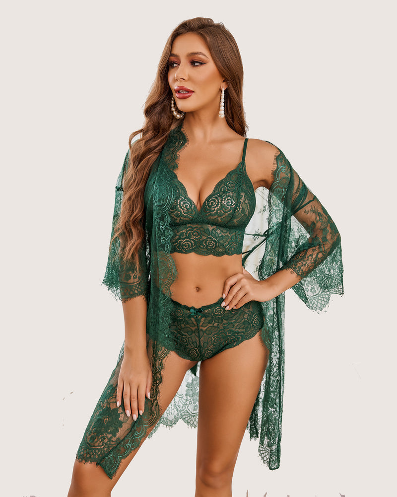 3-teilige BH- und Panty-Sets mit Bademantel