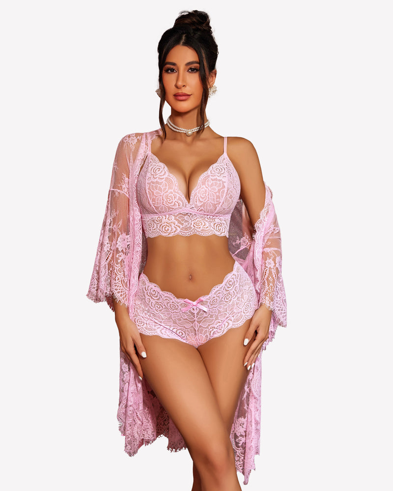 3-teilige BH- und Panty-Sets mit Bademantel