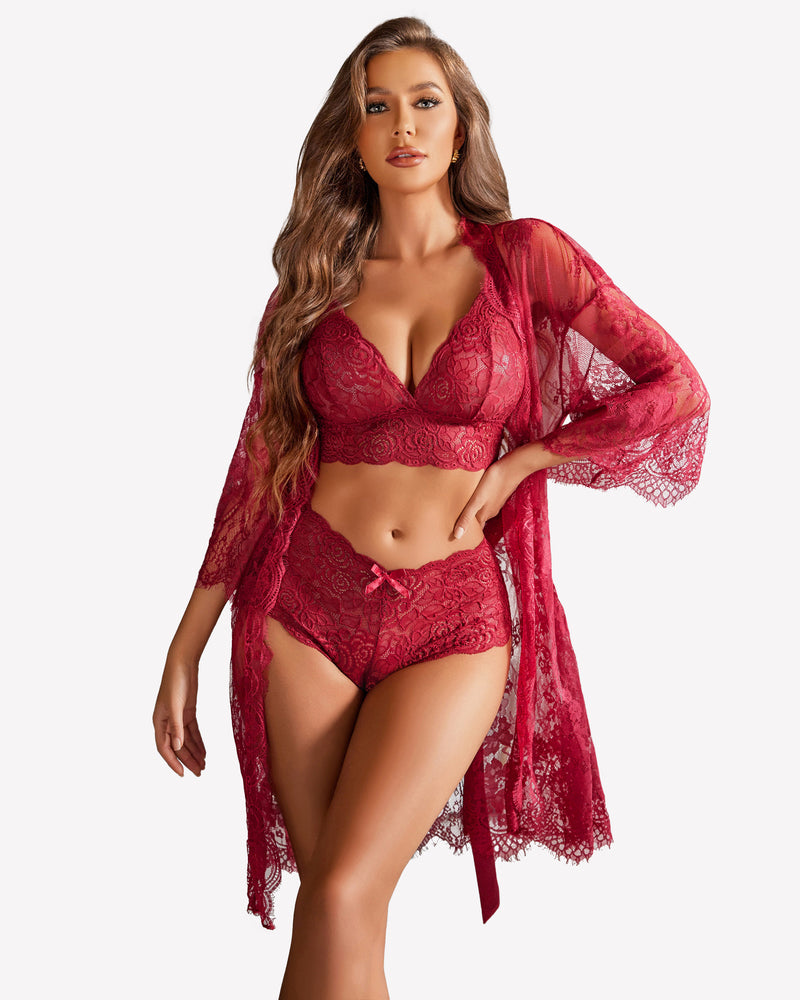 3-teilige BH- und Panty-Sets mit Bademantel