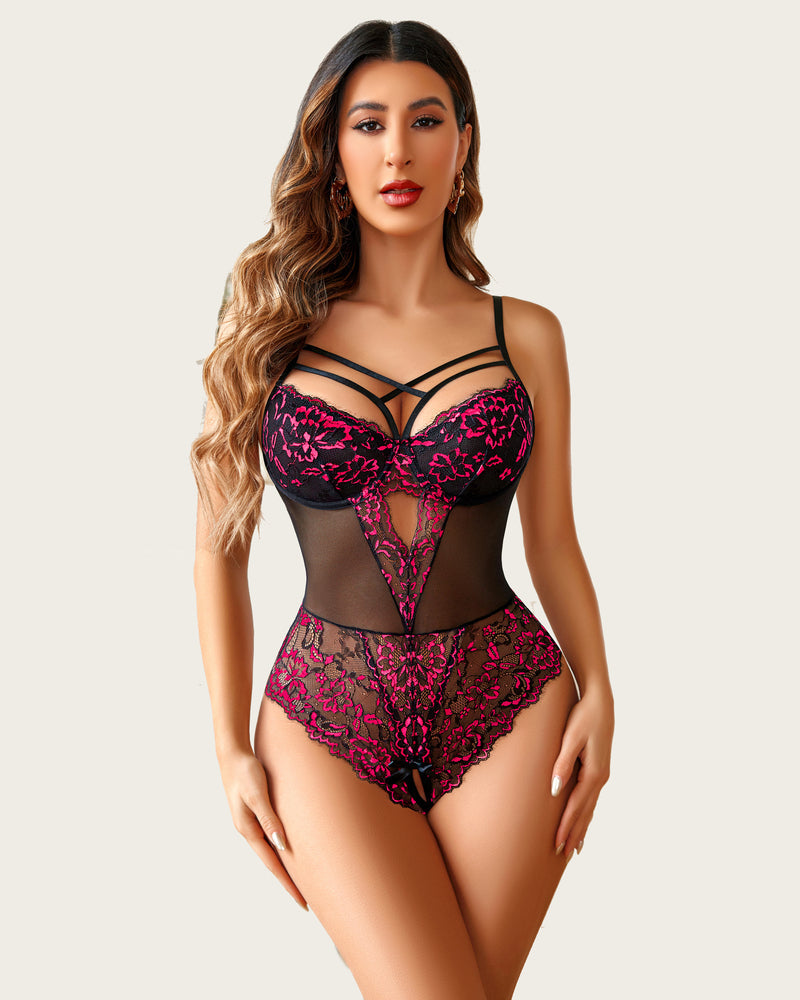 Einteiliger Criss-Cross-Bodysuit aus Spitze