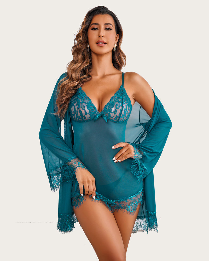 3 Stück Sets Mesh Robe mit Spitzenkleid