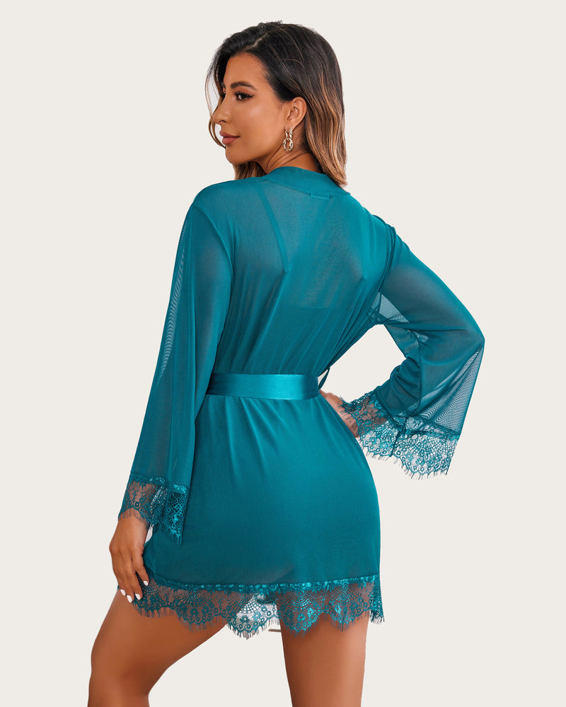 3 Stück Sets Mesh Robe mit Spitzenkleid