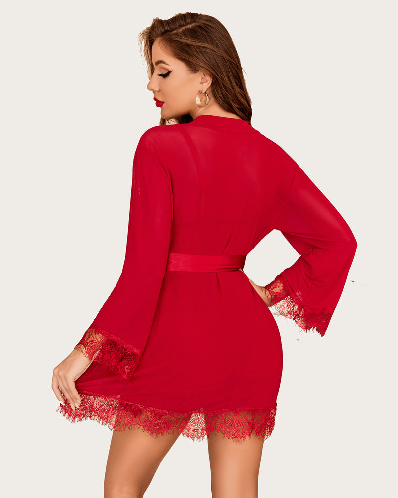 3 Stück Sets Mesh Robe mit Spitzenkleid