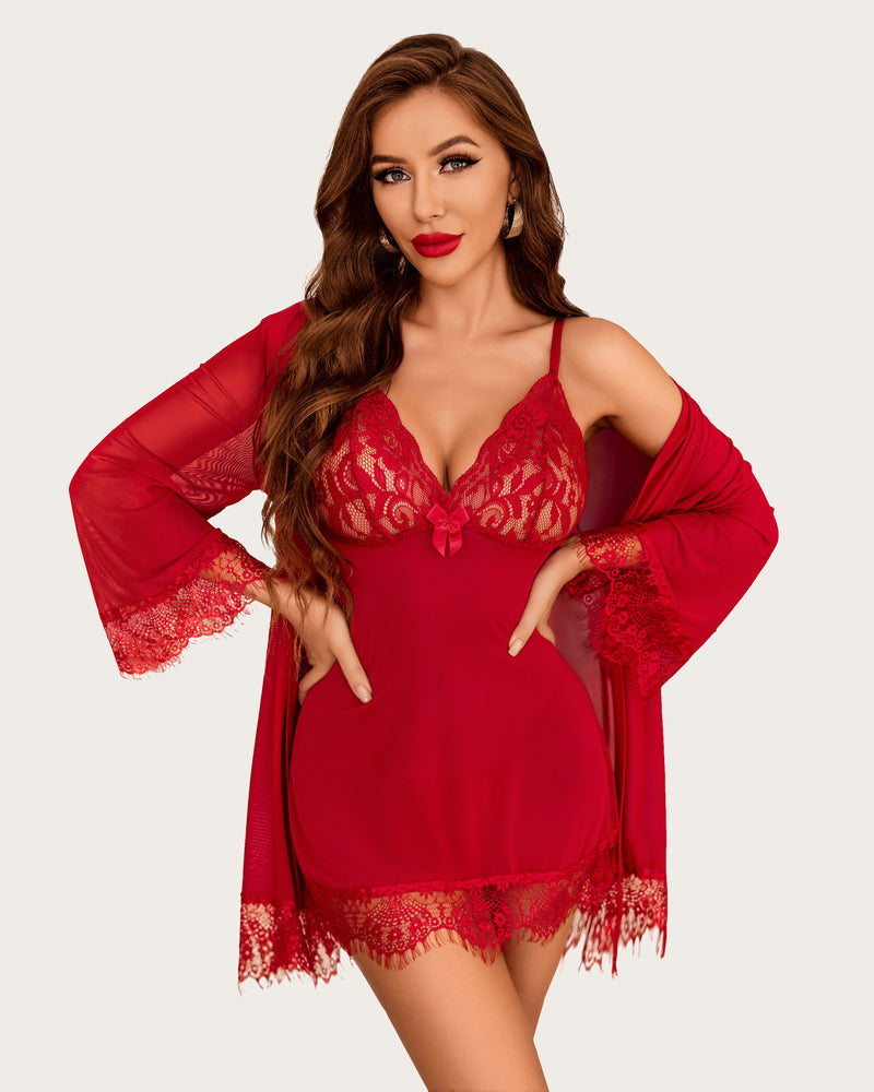 3 Stück Sets Mesh Robe mit Spitzenkleid