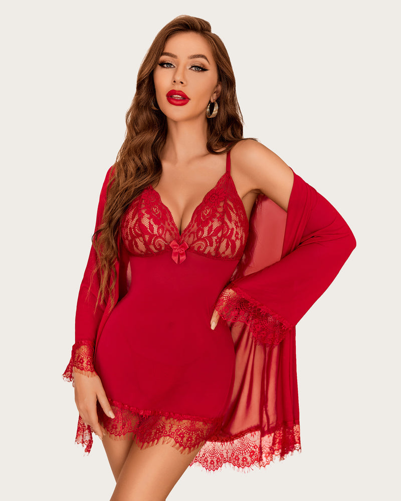 3 Stück Sets Mesh Robe mit Spitzenkleid