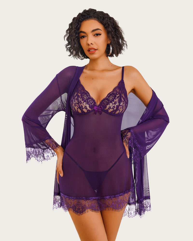 3 Stück Sets Mesh Robe mit Spitzenkleid