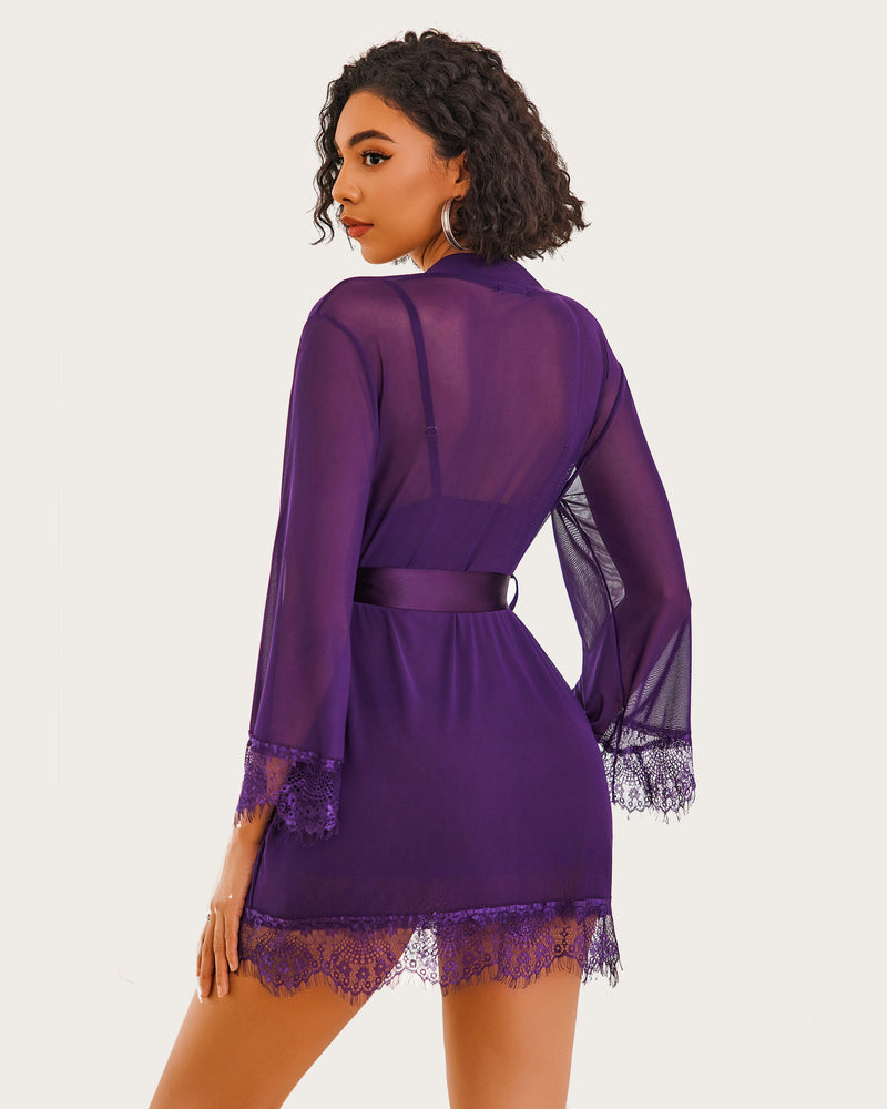 3 Stück Sets Mesh Robe mit Spitzenkleid