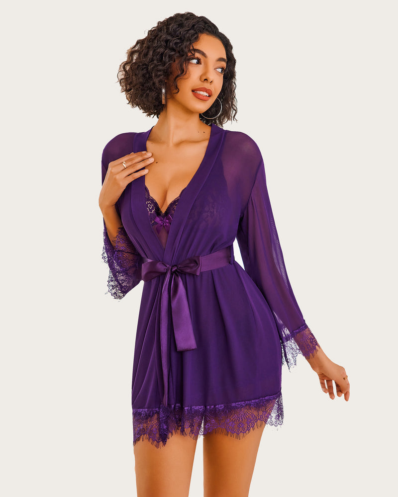 3 Stück Sets Mesh Robe mit Spitzenkleid