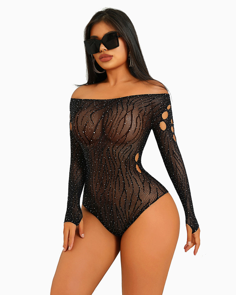 Strass Fischnetz-Bodysuits Mesh Top